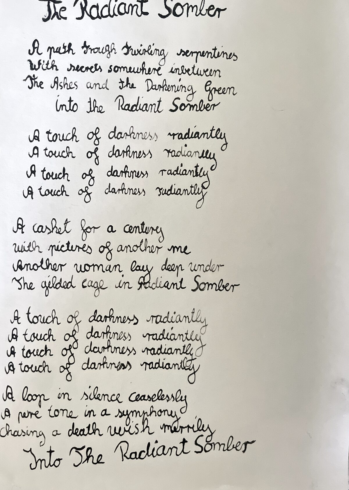 The Radiant Somber — hand-inked lyric sheet